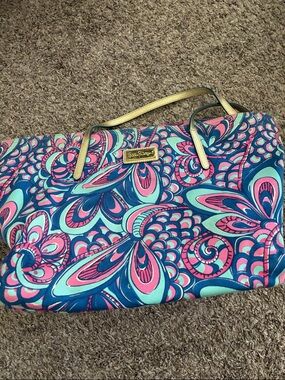 Lilly Pulitzer Pink, Teal & Navy Paisley Tote with Gold Handles